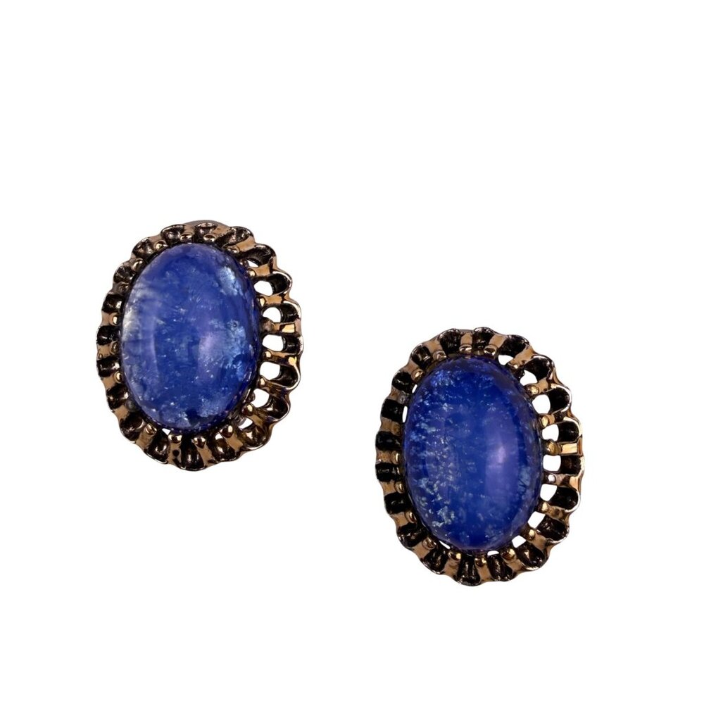 Vintage Womens Blue Fused Glass & Gold Tone Oval Clip-On Earrings Filigree